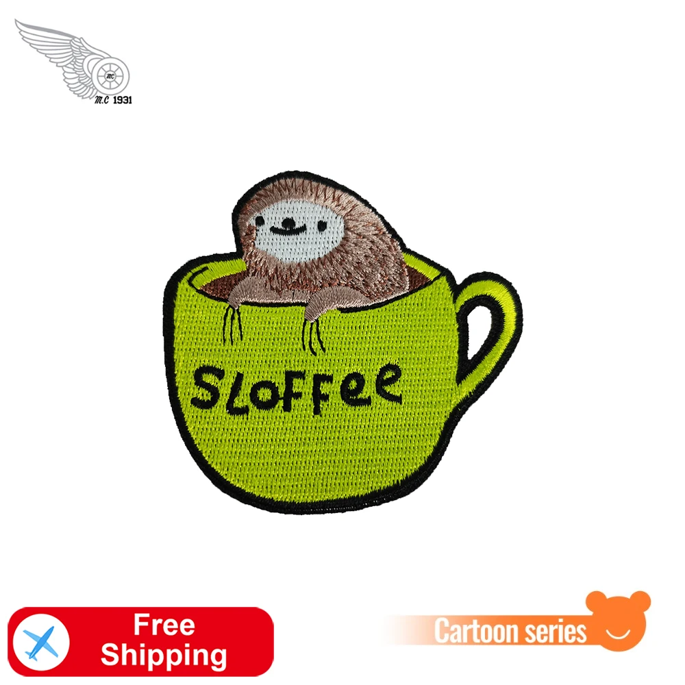 Sloffee Cartoon Embroidered Patches Sloth Animal Badges Iron on for Clothes DIY Cute Appliques High Quality Custom Accessories