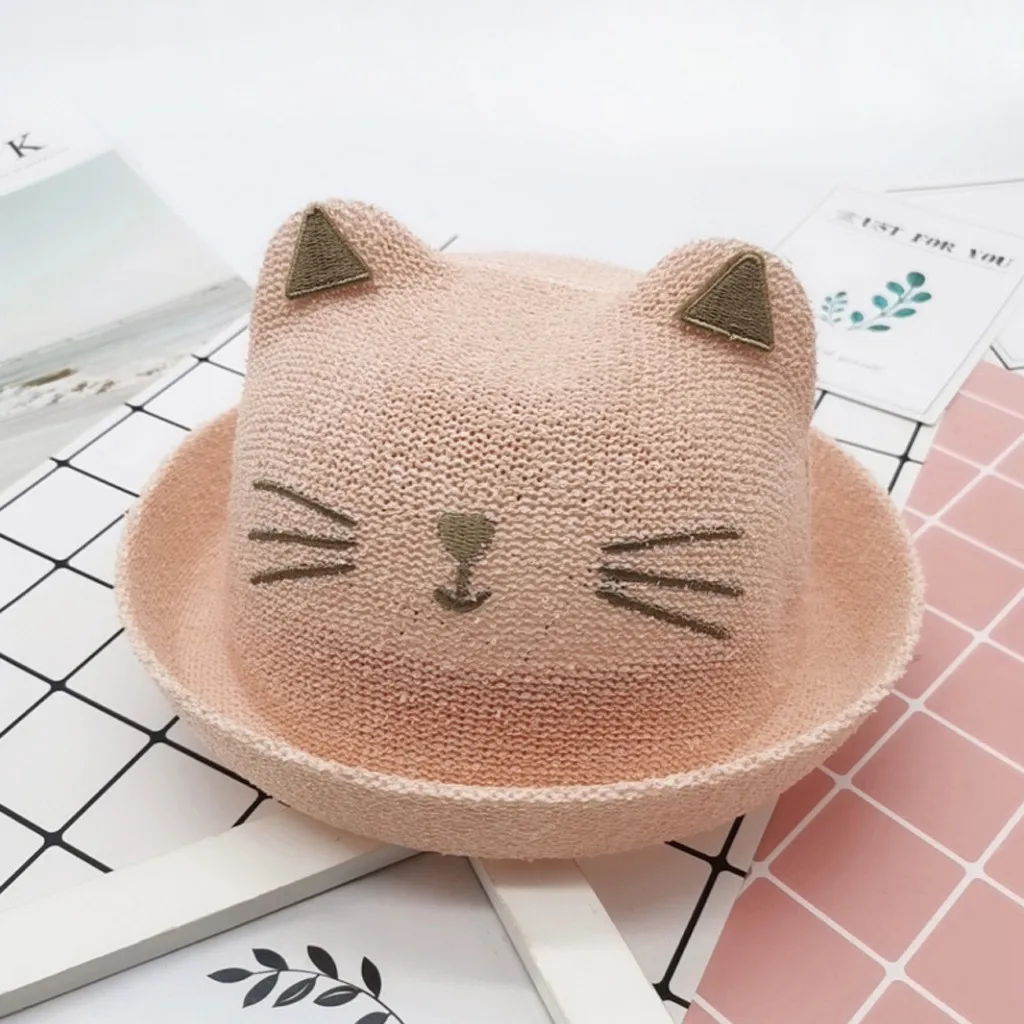 Cat Ear Kids Summer Straw Hat Cartoon Cat Bucket Beach Sun Protection Hat For Girls Boys Newborn Accessories Шапка Детская Весна