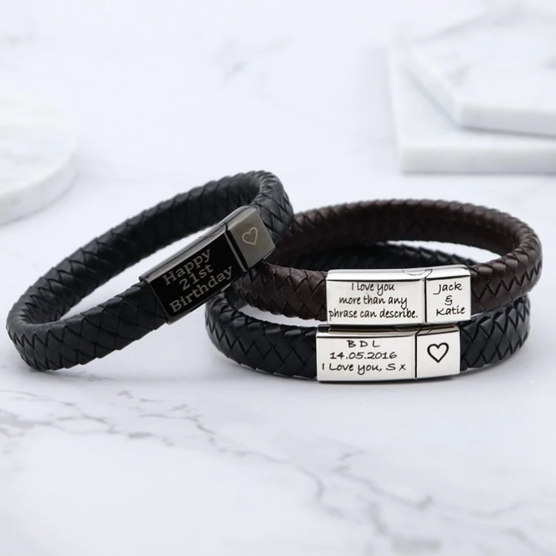 Engrave Name Birth Date Black Genuine Leather Bracelet Custom Logo Stainless Steel Magnet Buckle Bangle Personality Jewelry