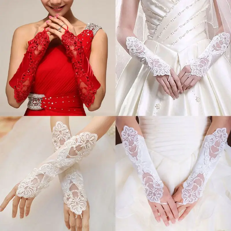 1 Pair Women Bridal Long Gloves Fingerless Lace Glitter Sequins Solid Color Length Mittens Hook Finger Wedding Party