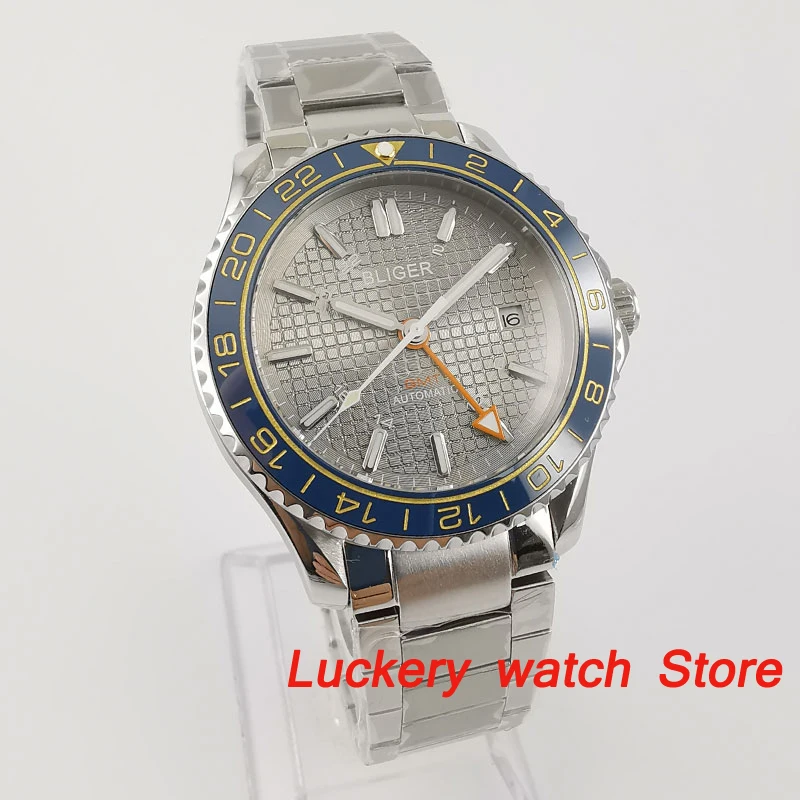 Bliger 41mm GMT Men watches gray dial saphire glass Ceramic Bezel luxury Automatic mechanical watch