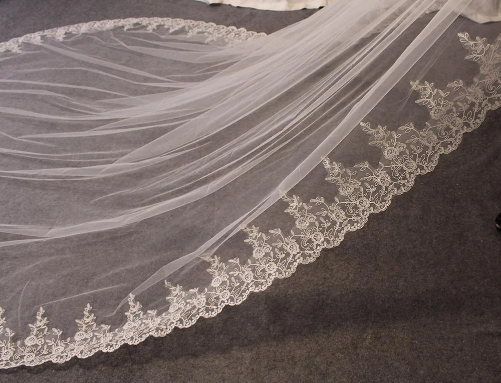 Voile de mariée Long en dentelle, blanc, ivoire, 3.5 mètres, avec peigne, une couche