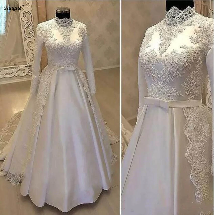 Dubai Arabic Muslim Wedding Dress 2024 White Lace Appliques Satin High Neck Ball Gown Robe De Mariage Long Sleeve Bridal Dress