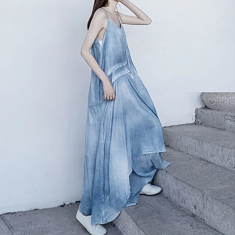 

NINI WONDERLAND 2023 Women Pleated Dye Tie Cotton Vintage Dress Summer Spaghetti Strap Irregular Maxi Long Dress Beach Dresses