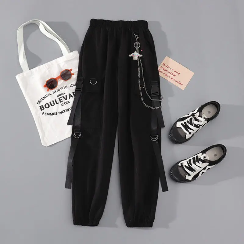 Cargo Pants Suit Womens Sets Summer Korean Harajuku Student Cool Handsome Ribbon Pants + Loose 2 Piece Short Sleeve Shirts Tops