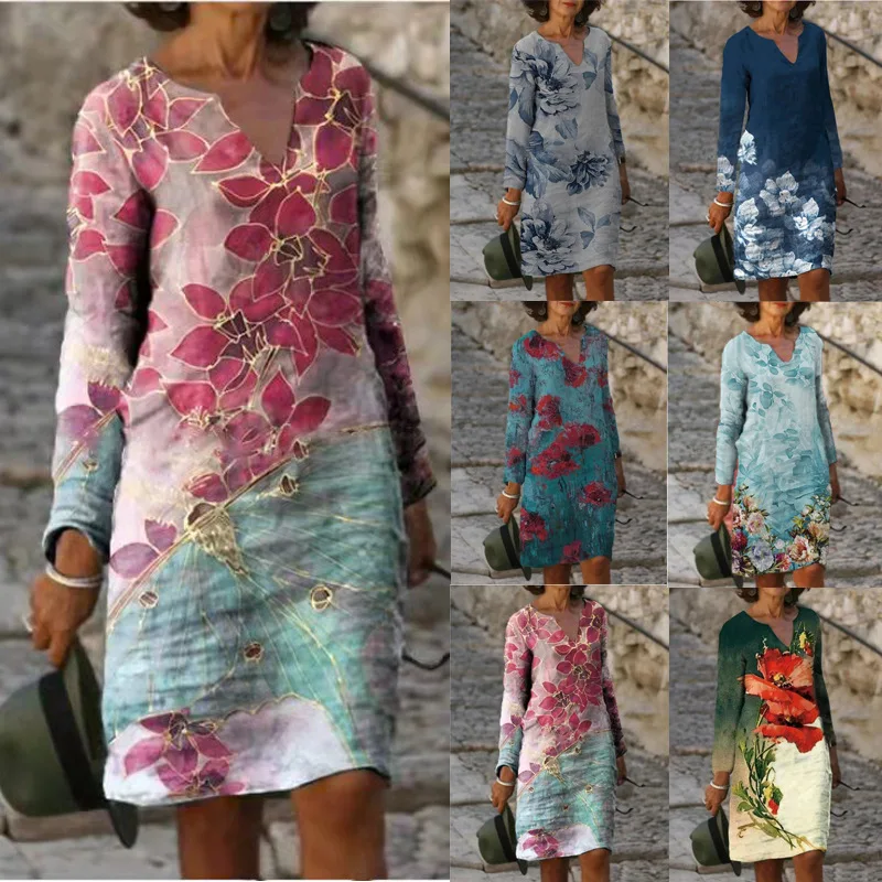 

Women Loose Spring Vintage Befree Dress Large Big Printed Sexy Full Long Boho Casual Party Elegant Dresses Plus Sizes