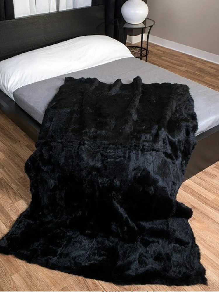 Black Rabbit Fur Blanket Rabbit Fur Rug Real Fur Carpet Decorative Throw Home Decor Floor Christmas