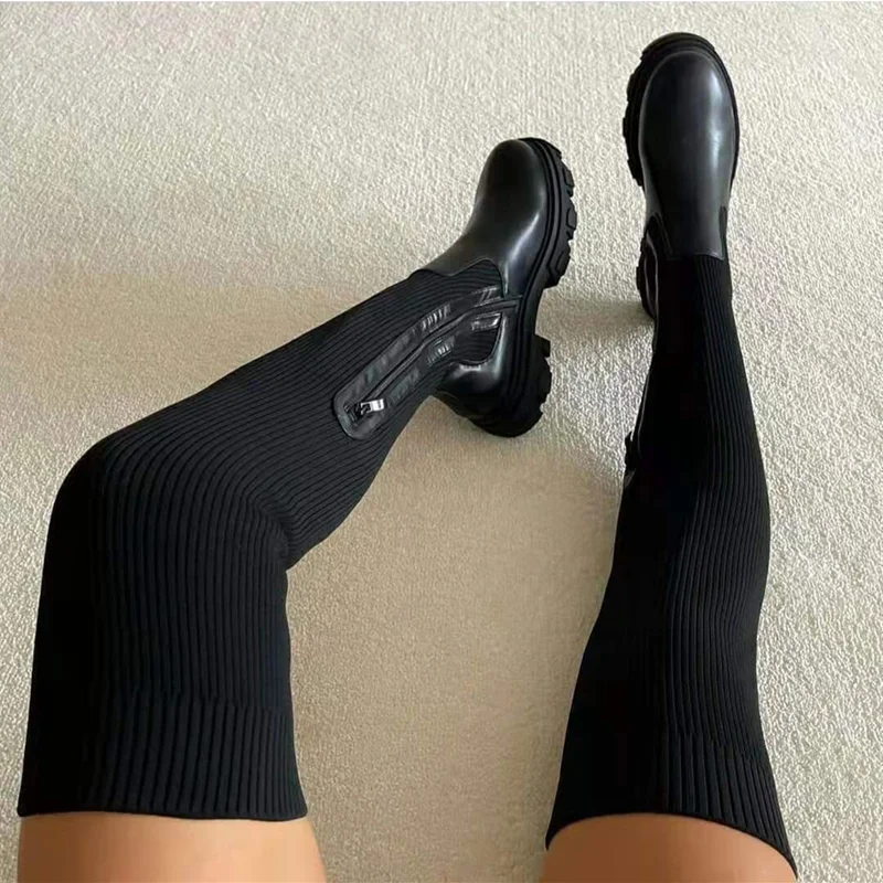 2022 Flat Shoes Thick Soled Boots Autumn Winter Breathable Knitted Upper Women's Thigh High Boots Elastic Round Head Black Boots