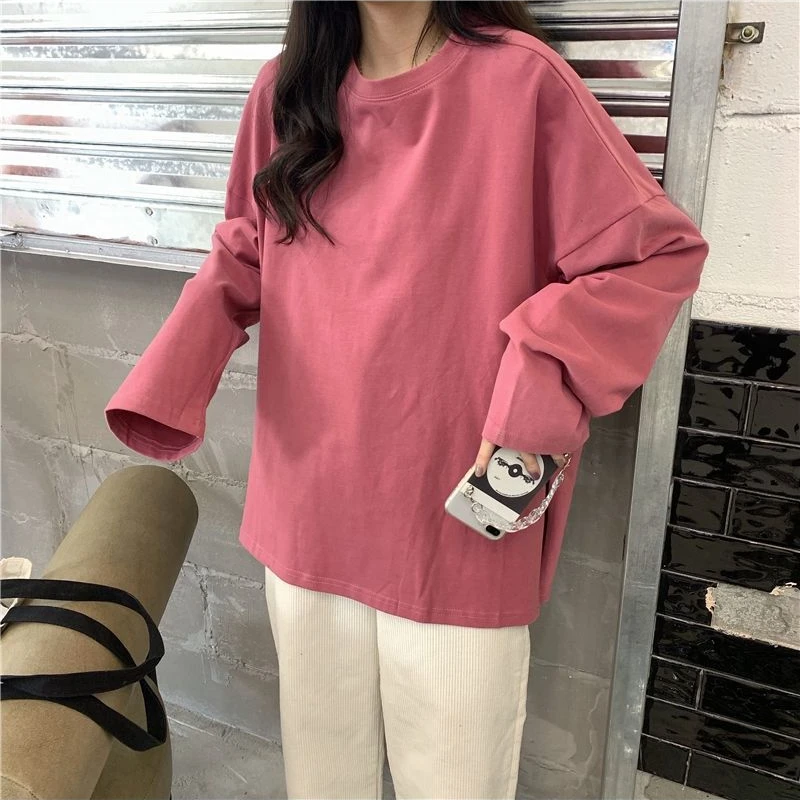 Long Sleeve T-shirts Women Solid Split Minimalist Korean Style Students All-match Spring Casual Basic Sweet 7 Colors Loose Ins