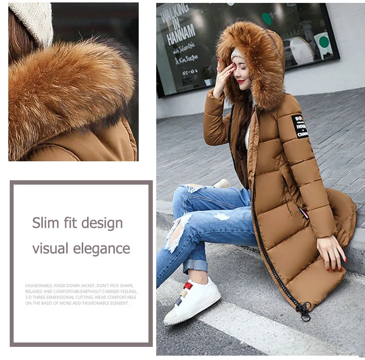 2025 Women's Down Parkas Winter Jacket Big Fur Collar Thick Slim Coat Fashion Hooded Cotton Outerwear Long Winter Woman Coat
