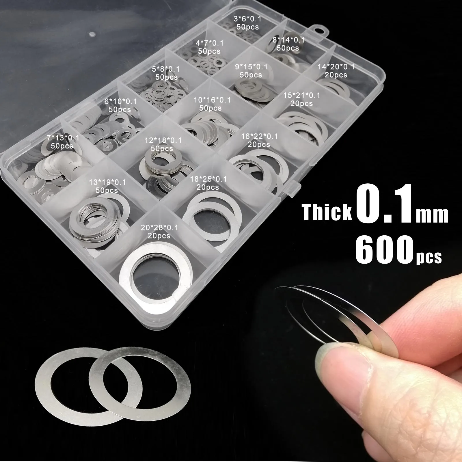 600pcs M3-M20 304 Stainless Steel 0.1 0.2 0.3mm Ultra Thin Flat Washer Adjusting Ultrathin Shim Plain Gasket Assortment Kit Set