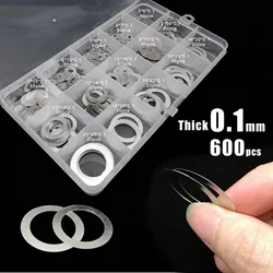 600pcs M3-M20 304 Stainless Steel 0.1 0.2 0.3mm Ultra Thin Flat Washer Adjusting Ultrathin Shim Plain Gasket Assortment Kit Set