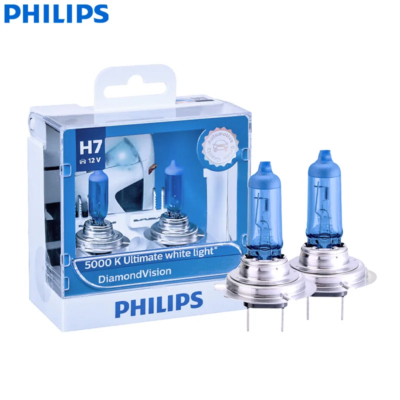 Philips Diamond Vision H7 12V 55W PX26d 12972DVS2 5000K Cool White Light Car Halogen Headlight Hi/lo Beam Auto Lamps (Twin Pack)