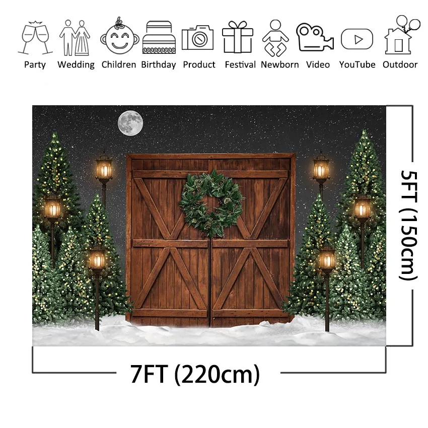 Mocsicka Christmas Backdrop Pine Tree Wood Door Green Garland Photo Studio Kids Photography Background Photoshoot