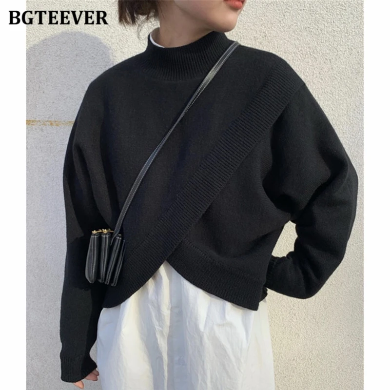 BGTEEVER Fashion Half-turtleneck Women Sweater Jumpers 2020 Autumn Winter Knitwear Cross Split Loose Female Knitted Pullovers