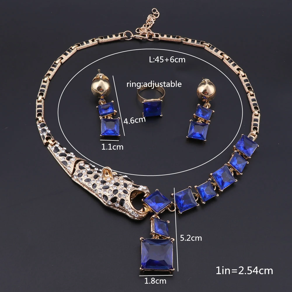 Luxury Gold Color Blue Crystal Leopard Statement Necklace Earring Ring For Women Party Wedding Jewelry Sets