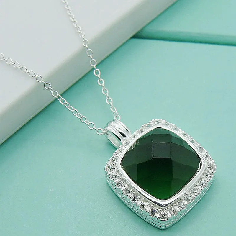 Luxury Jewelry Necklace 925 Sterling Silver Square Green Gem Pendant Necklaces For Woman Mother Best Gifts image 4
