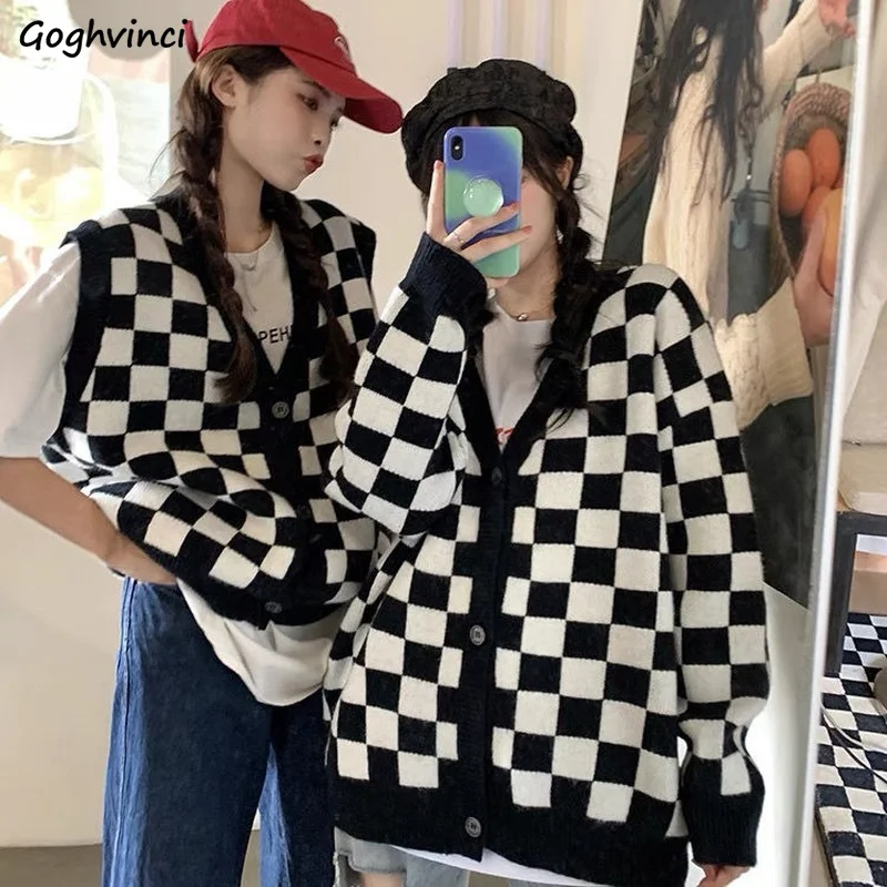 

Cardigans Women Plaid Sweaters Single Breasted Student All Match Lazy Ulzzang Loose Lattice Jumpers Long Sleeved V-neck Knitwear