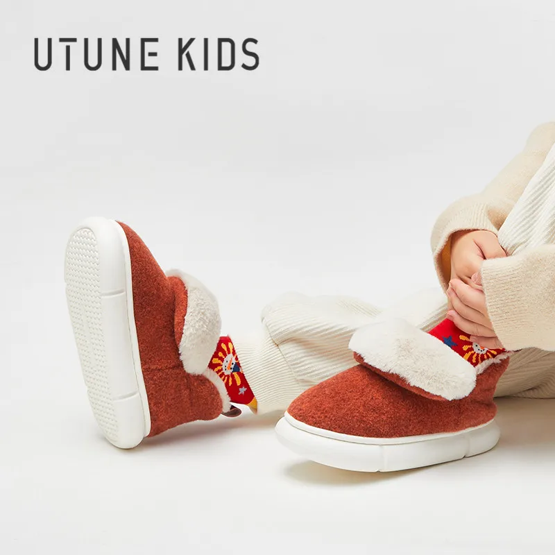 UTUNE KIDS Winter Shoes For Children Snow Boots Girls Felt Thick Plush Warm Kids Ankle Home Flats Boys EVA Anti-slip Soft Cute