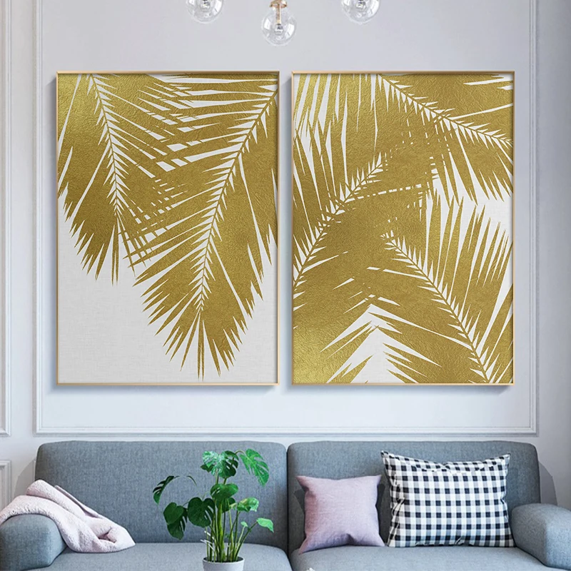 Nordic Wall Art Golden Palm Leaf Plant Canvas Painting Poster Print Botanical Scandinavian Decorative Picture Modern Home Decor