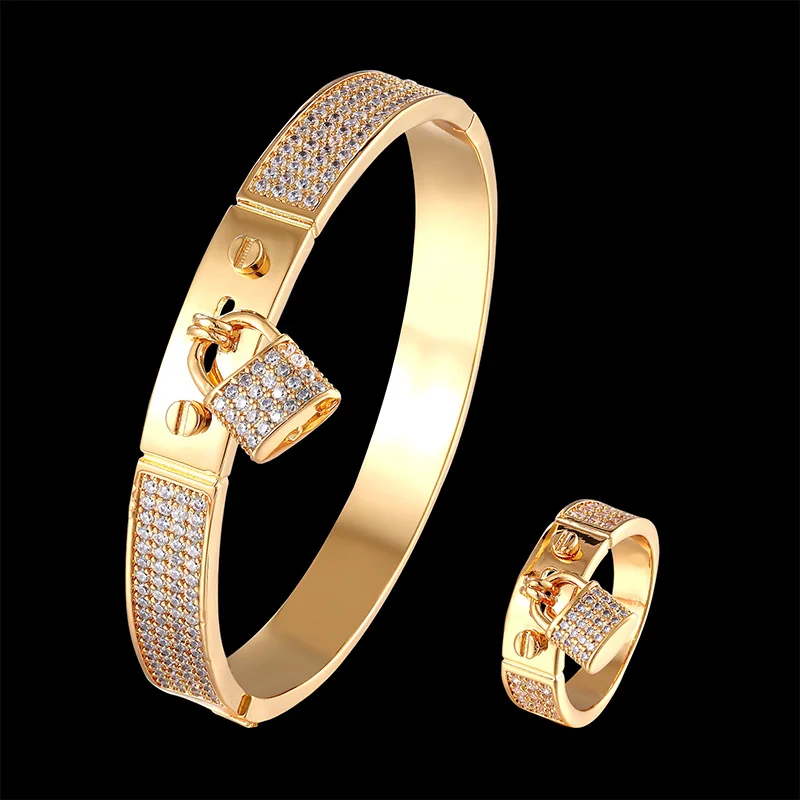 LanRuiSha Simple Bangle and ring women's jewelry set all zirconium micro inlaid with lock Bracelet fashion jewelry best gift