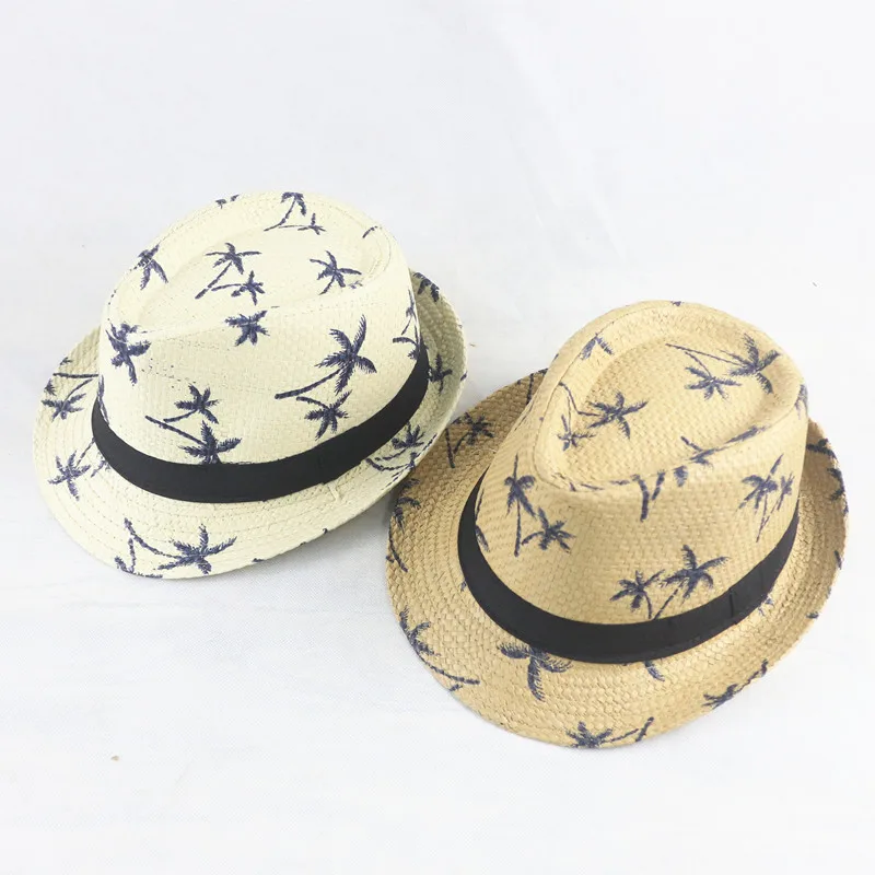 Adult / Child Linen Woven Jazz Straw Hat Men Women Coconut Tree Pattern Sun Hat Summer Beach Travel Sunscreen Ribbon Hat U27