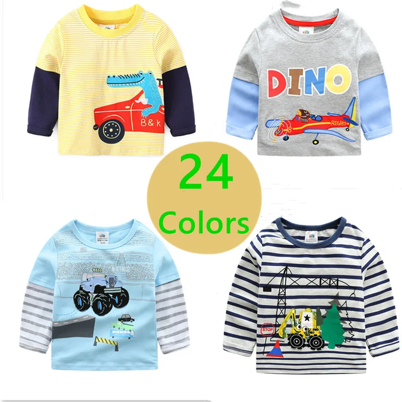 2024 Spring Autumn New 2-9 10Years Children Cotton Striped Patchwork Tees Kids Car Bus Truck Long Sleeve T Shirts For Baby Boys