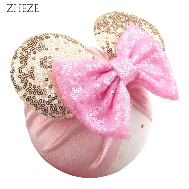 Sequins Mouse Ears Headwrap For Kids Girls Turban Soft Velvet Fabric Infant Headband Cap Christmas DIY Festival Hair Accessories