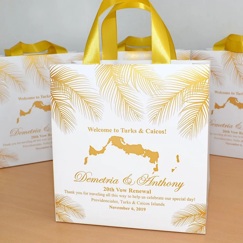 Destination Wedding Welcome Bags with Gold satin ribbon . Elegant Tropical Wedding party favor bags for guests, Islands Wedding