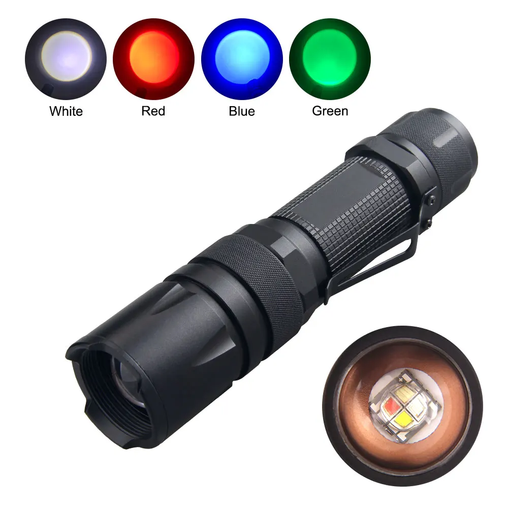 4 in 1 Outdoor Zoomable Hunting Flashlight 5 Modes Multi-color waterproof tactical light Torch with glow stick+18650+Charger