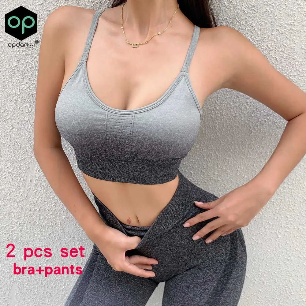 2-Pcs Tracksuit Gradient Color Beautiful Back Sports Bra Set Women Tight Hips High Waist Seamless Yoga Pants Fitness Sportswear