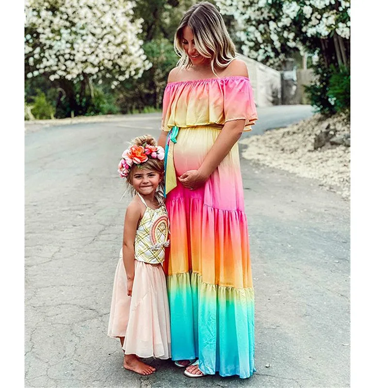 

Shoulderless Maternity Ruffles Tie Dye Long Maxi Dresses Baby Shower Pregnant Women Clothes Elegant Loose Pregnancy Dress 2020