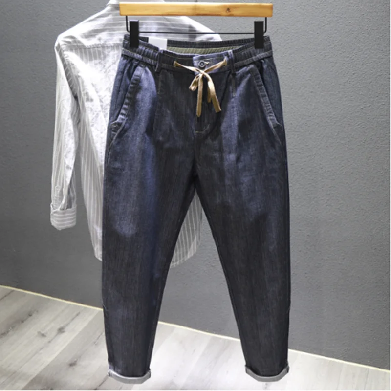 Solid Color Casual Jeans Men's Elastic Waist Tie Slightly Loose Small Straight Harem Pants Thin large size Trousers Outdoor