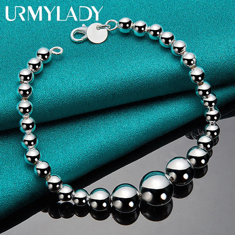 

URMYLADY 925 Sterling Silver Smooth Bead Ball Bracelet For Women Wedding Engagement Fashion Charm Jewelry