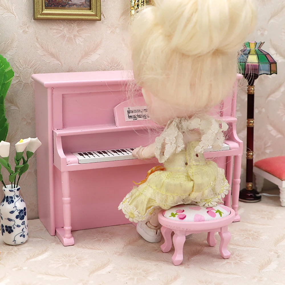 

1/12 Dollhouse Miniature Accessories Mini Wooden Upright Piano with Stool Model for Doll House Decoration ob11 bjd