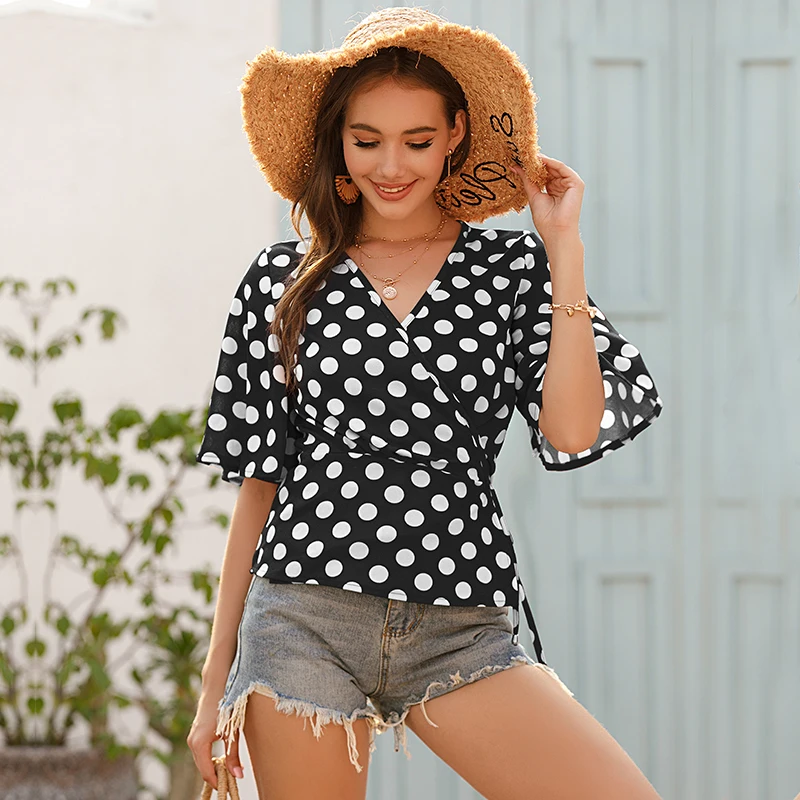 Women V-neck Polka Dots Chiffon Blouse Shirt Dot Print Summer Chiffon Blusa Feminina Flare Sleeve Ruffled Peplum Short Tops