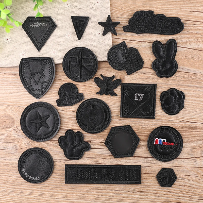 20pcs Black Leather Yeah Star Number Embroidered Patches for Clothes Iron on Clothes Jacket Shoes Appliques Badge Stripe Sticker