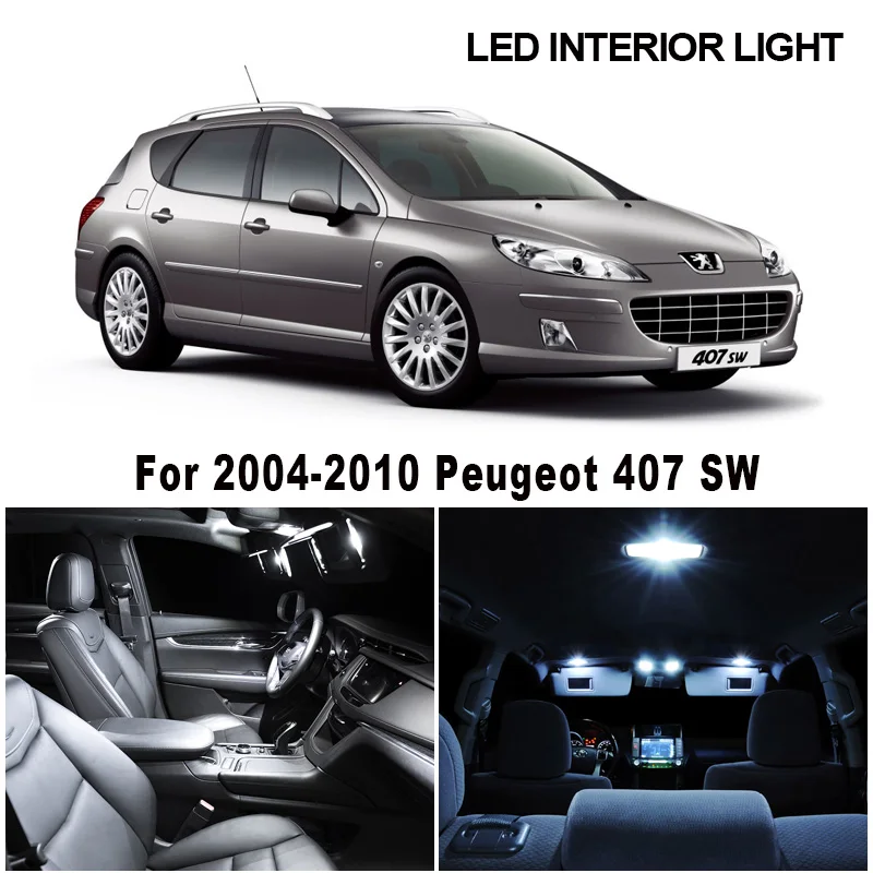 

10pcs Canbus Error Free White Interior LED Light Kit for 2004-2010 Peugeot 407 SW Map Dome Reading Trunk Lamp Bulbs