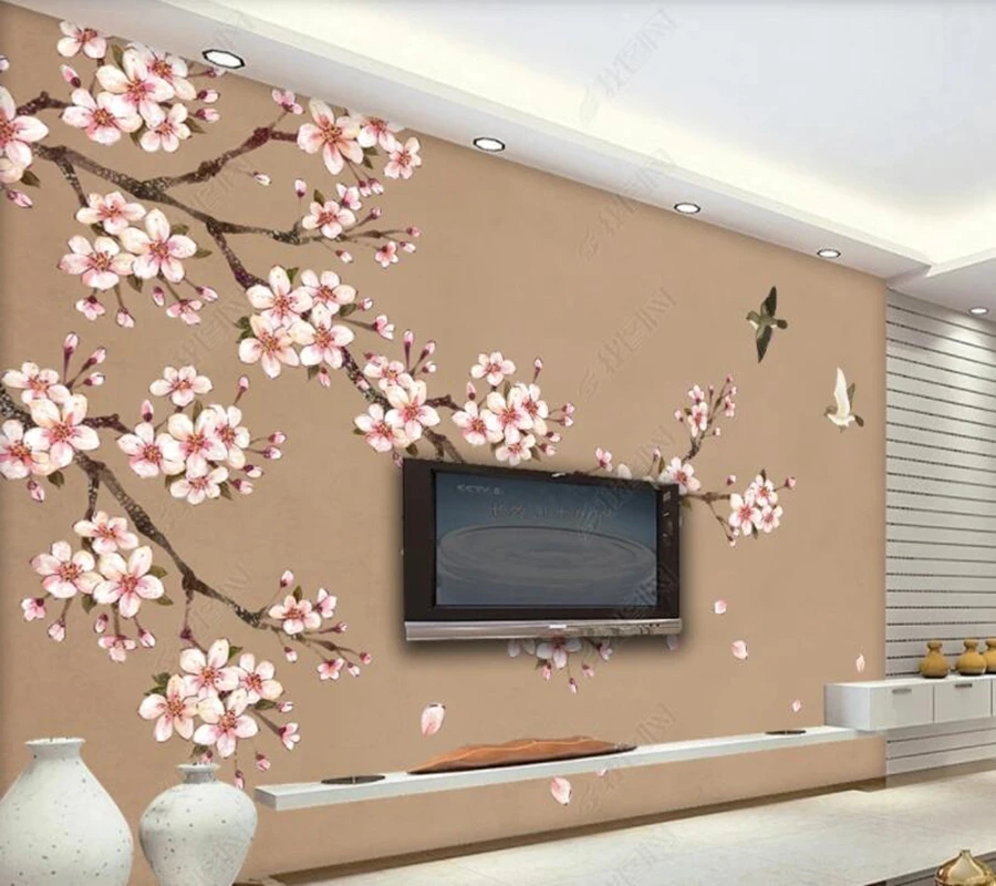 

Papel de parede Hand painted peach flowers and birds 3d wallpaper mural,living room tv wall bedroom wall papers home decor