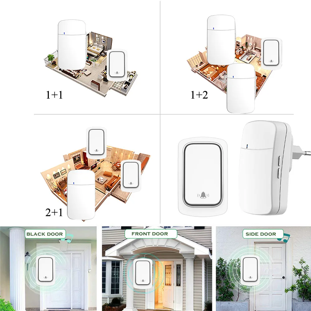 Outdoor Wireless Doorbell 220V Smart Kinetic Ring Bell Sets 2 in 1 Receiver Waterproof Self-powered No battery For Home Control