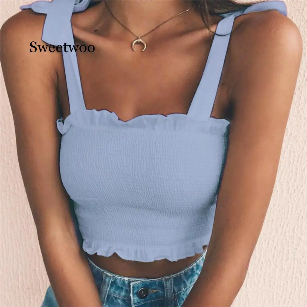 SWEETWOO New Summer Women Sexy Sleeveless Slim Ruffled Bandage Vest Solid Color Tank Crop Top