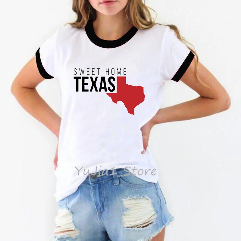 女性のためのtexasマッププリント服、甘い家のリンガーTシャツ、白いトップ、魅力的なグラフィック、夏、2024 tx