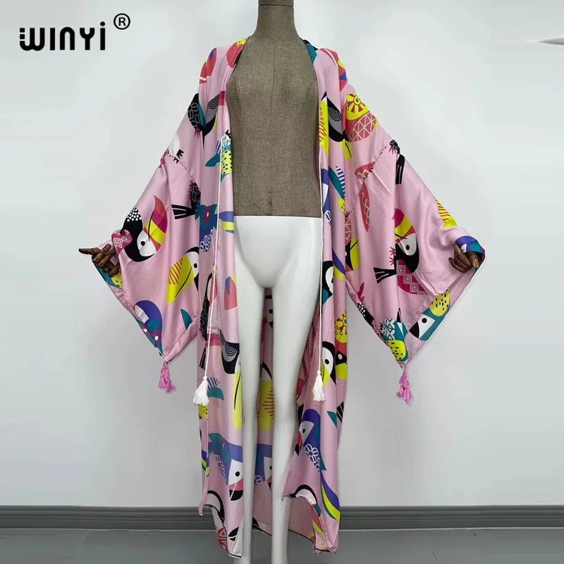 Bikini abdeckung-up onkogene Baumwolle Süße Dame Rosa Boho Druck Selbst Belted Vorne Offen Lange Kimono Kleid Strand Tunika frauen Wrap Kleider