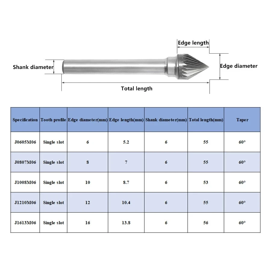 J-type Carbide Rotary File Conical J0807/1008M06 JX1210/1613M06 Tungsten Steel Grinding Head Milling Cutter Engraving File Tool