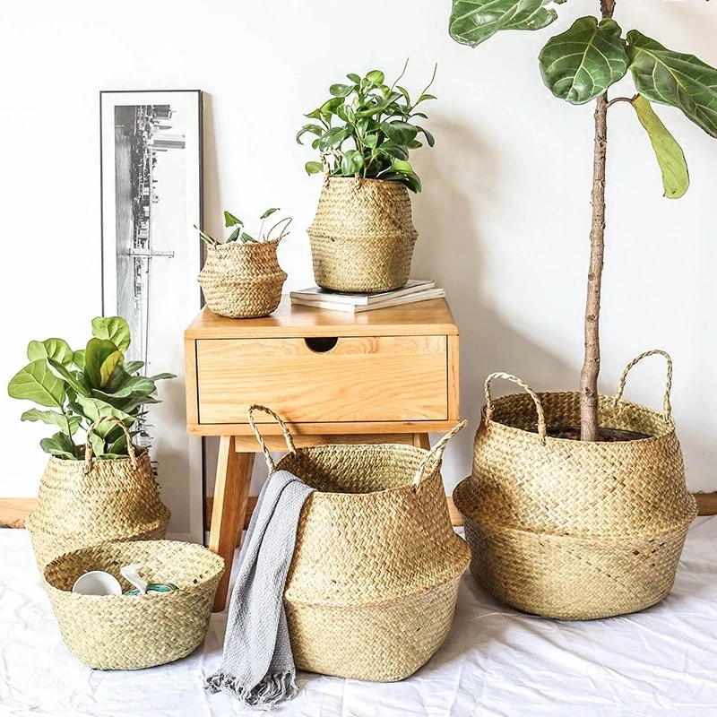 LuanQI Storage Baskets Seagrass Woven Wicker Basket Flower Pot Panier Basket Laundry Baksets Home Garden Belly Mimbre Baskets