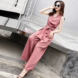 Wide Leg Pant Women 2021 Summer New Fashion Leisure V-neck Slim Jumpsuit Student Korean Sleeveless Vest Rompers Birthday Outfits