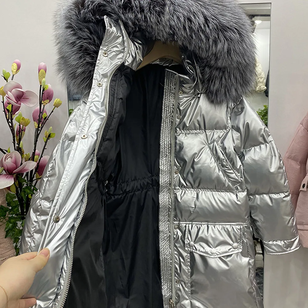 Winter Women New Glossy White Duck Down Jacket Loose Casual Warm Thick Coat Detachable Large Real Fur Collar Overcoat