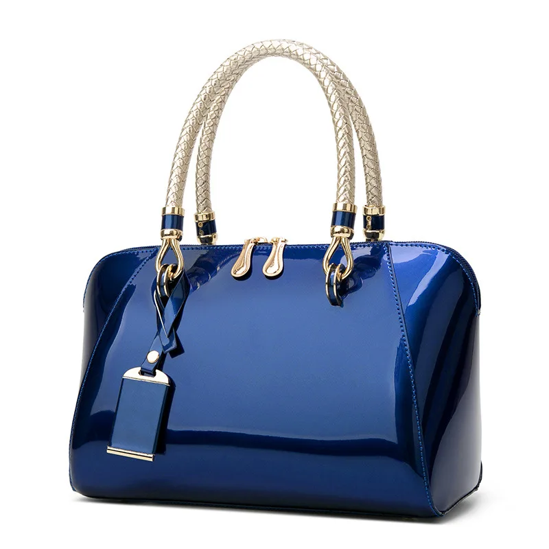 Women's Patent Leather Boston Bag Solid Color Large Capacity Handbag Casual Shoulder Diagonal Bag