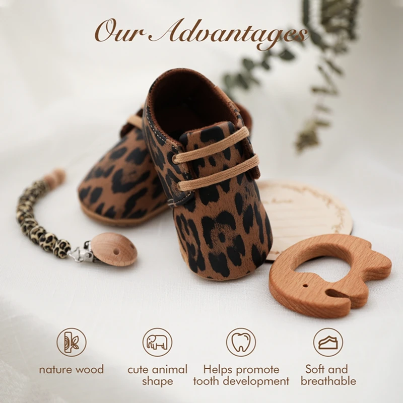 Nordic Style Baby Shoes Gift Box Baby Animal Teether Milestone Pacifier Chain Toddler Shoes Leopard Anti-Slip Newborns Gifts Set