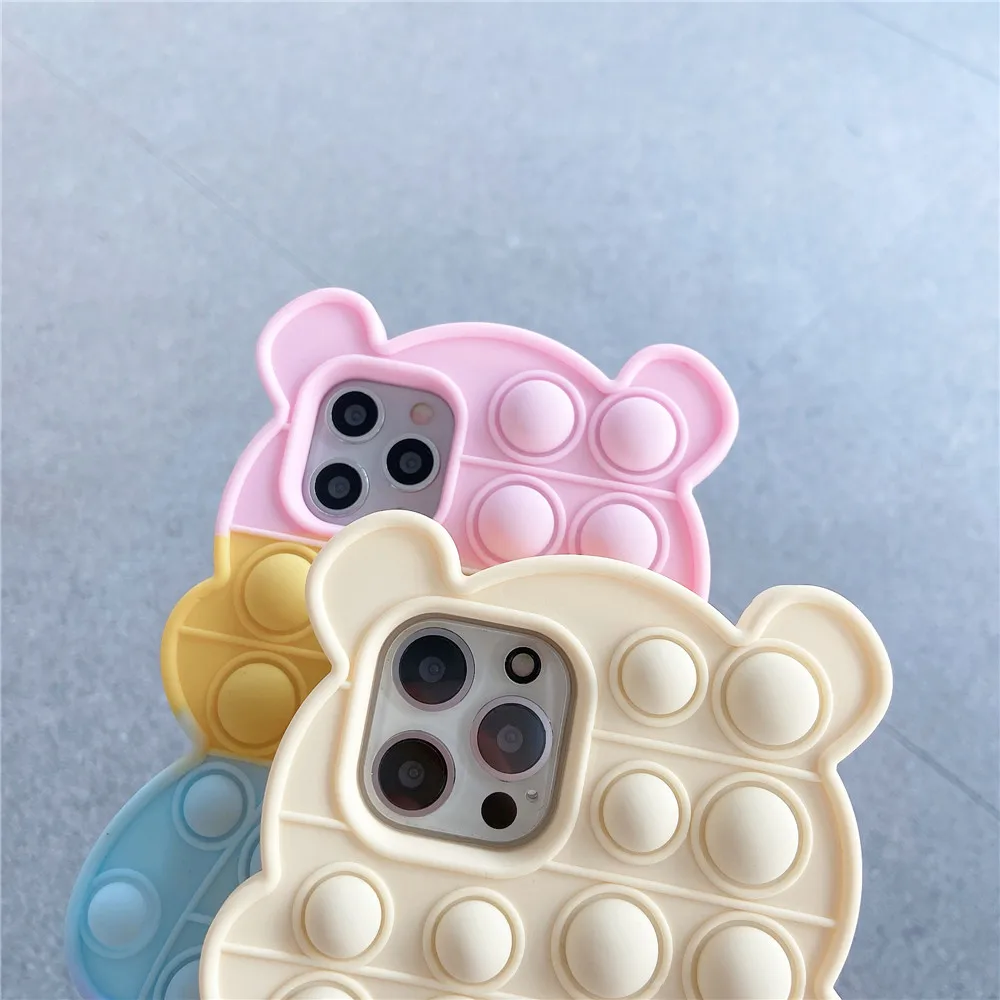 Reliver Stress Fidget Toy Push Bubble Case for iPhone 6 6s 7 8 Plus X XR XS 11 12 Pro Max SE Cartoon Bear Game Cover Kids